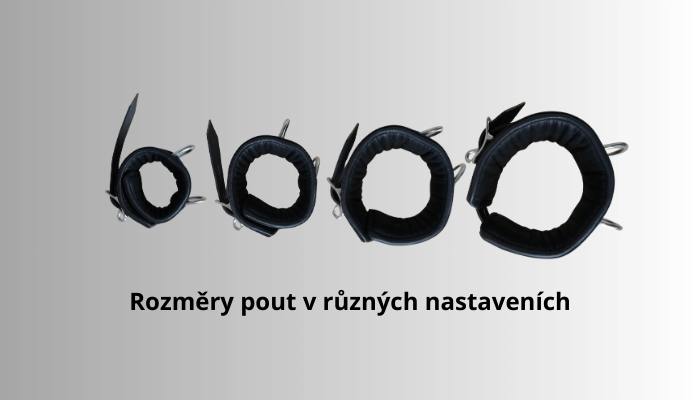 Na obrázku jsou kožená pouta v různých průměrech nastavení.