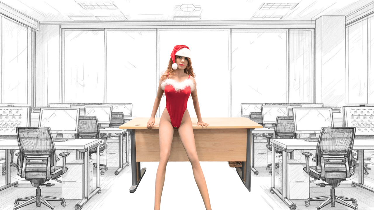 Na obrázku je umělá panna, která má na sobě oblečené body a vánoční čepičku